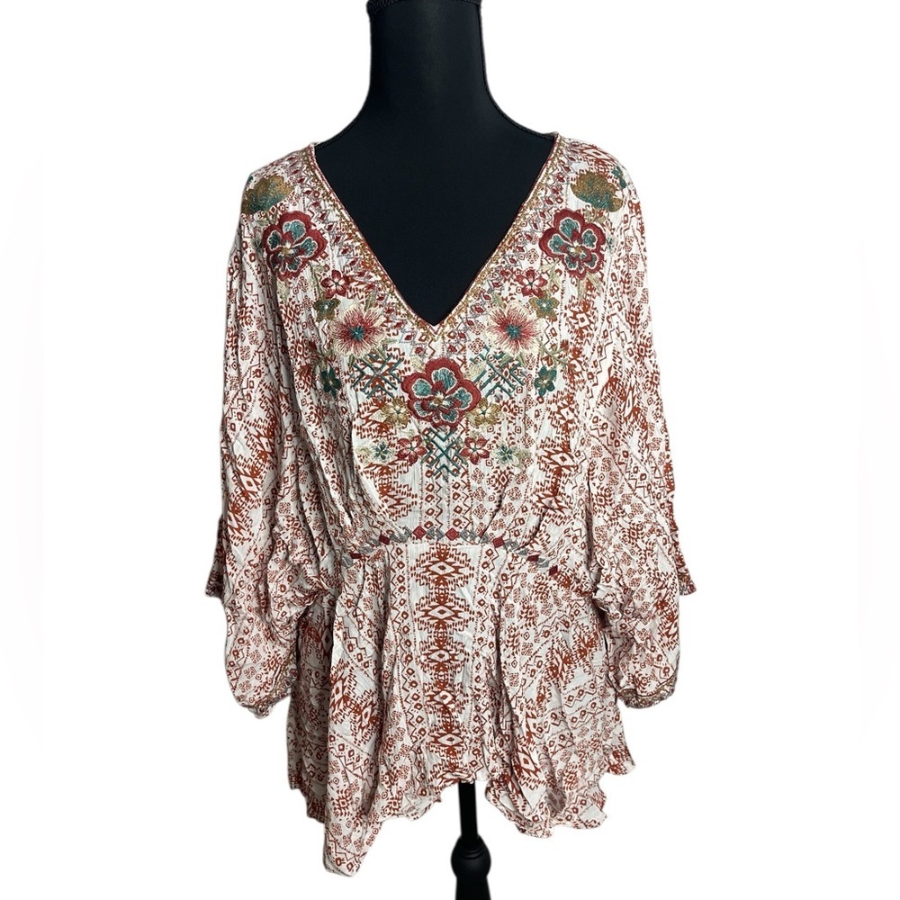 Savanna Jane Bohemian Floral Embroidered Peasant Blouse Size L NWT